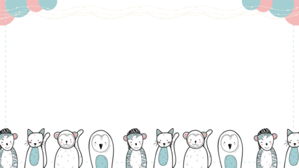 Displaying transparent doodle frame featuring pastel pink-teal circles, wavy lines, cartoon animals