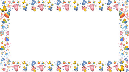 Cartoon baby border is featuring pacifiers, ducks and bottles on transparent background, copy space