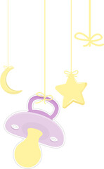 Flat design baby pacifier is hanging from ribbon alongside star and moon, transparent background