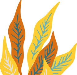 Orange-yellow leaves are overlapping in flat design with teal-white veins on transparent background