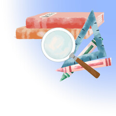 Notes notebooks, magnifier, triangle ruler and 3 pencils are floating on transparent background