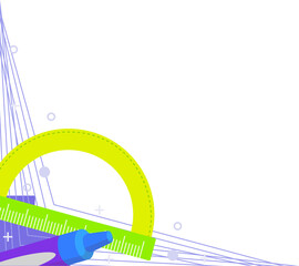 Vector drafting tools are overlapping with pencil tip on transparent background with symbols