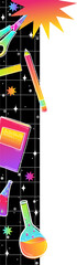 Naklejka premium Floating stationery or lab icons over black grid with rainbow gradient stars on transparent backgrou
