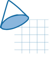 3D vector cone shape is floating diagonally over blue grid on transparent background