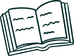 Stylized line illustration is showing open book with wavy text lines on transparent background