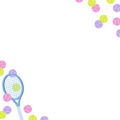 Flat design is showing tennis racket forming pastel balls border on transparent canvas, copy space