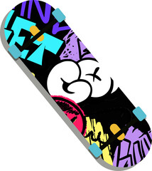 Skateboard deck is floating in digital render with graffiti, trucks, wheels on clear background