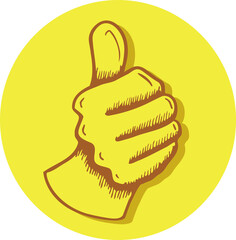 Flat vector hand is giving thumbs-up in yellow badge on transparent background with hatch shading