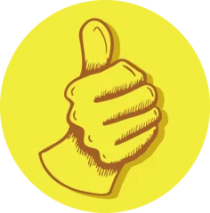Fotobehang Flat vector hand is giving thumbs-up in yellow badge on transparent background with hatch shading © vectorfusionart