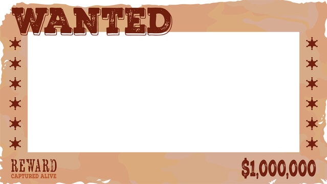 Fototapeta Western-style wanted poster showing torn tan backdrop WANTED header stars reward transparent canvas