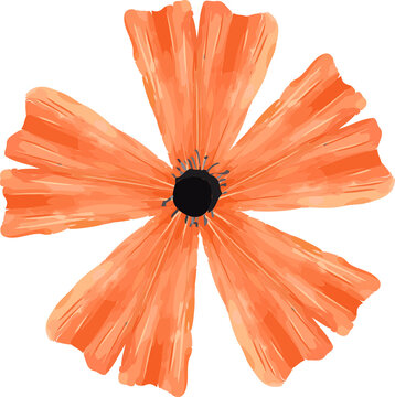Fototapeta Flat vector orange poppy-like bloom is floating on transparent backdrop showing six textured petals