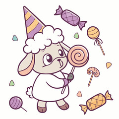 Candy Shop themed SVG: Grumpy Lamb with holding a lollipop in a Birthday environment