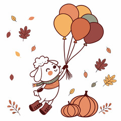 An adorable Lamb with a Cheerful vibe, floating with balloons, and a Autumn Leaves Autumn theme – SVG style