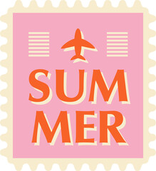 Vector stamp is featuring scalloped edge, orange plane, stripes and bold SUMMER on transparent bg