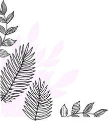 Flat design showing pink leaf shapes, black fern line drawings, transparent background, copy space