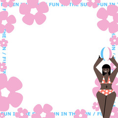 Woman in polka-dot bikini is holding beach ball in flat transparent pink flower frame, copy space