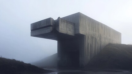 A large concrete architectural structure in a foggy outdoor environment