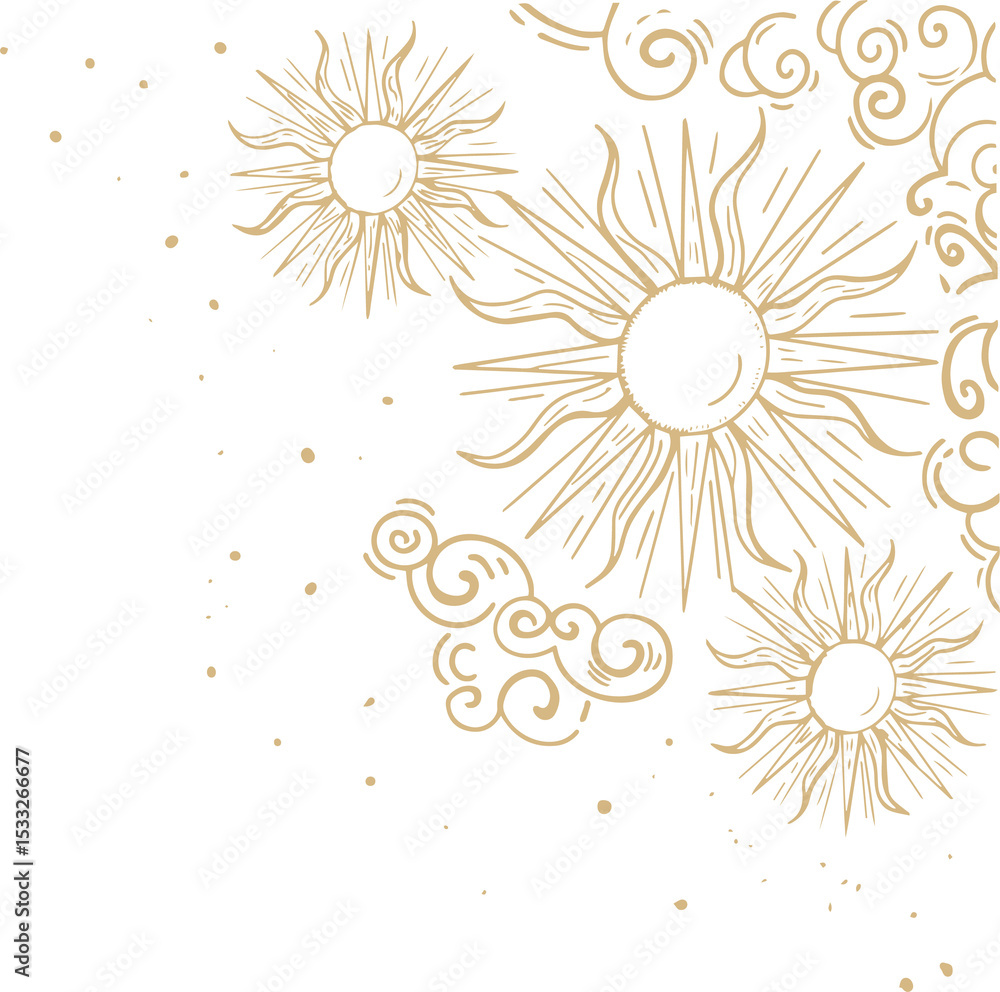 Aufkleber abstract decorative suns and swirls are floating off-center with sparkles on transparent background