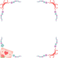 Showing flat Valentine pastel floral border with pink bows, envelope, clear background, copy space