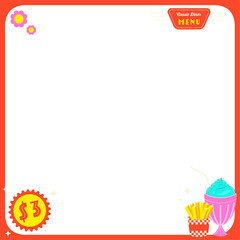 Obraz premium Featuring flat design retro menu, pink flowers, $3 tag, fries and milkshake, transparent backgroun