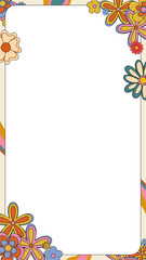 flat retro floral border frame is showcasing 70s vintage pastel stripes on transparent background