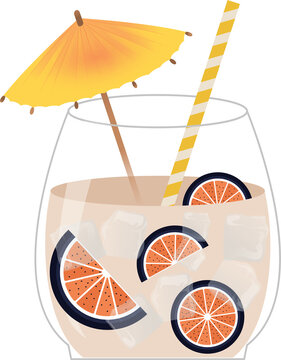 Naklejki Cocktail is being shown in flat with glass, ice, citrus, straw, umbrella on transparent background
