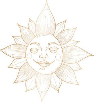 Fototapeta Stylized sun showing golden art with calm face and petal rays, floating on transparent backdrop