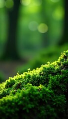 Emerald moss bokeh blurring on textured tree bark , plant, blurry