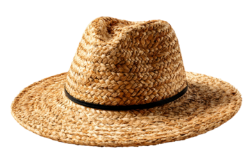 Close-up of a vintage straw hat with a black band against a black background