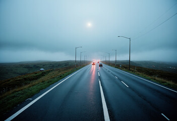 Fototapeta premium car driving on highway, Extreme Long Shot Bokeh of Enchanted Deconstructivism Gigantic highway