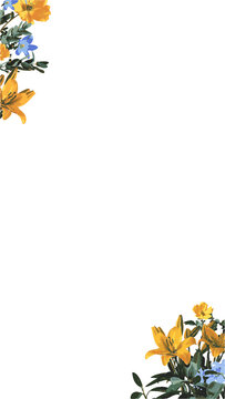 Fototapeta Showing corner motifs with yellow lilies, blue flowers, leaves on transparent backdrop, copy space