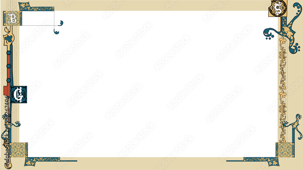 Poster ornate border is appearing in flat design with scrollwork on transparent background, copy space