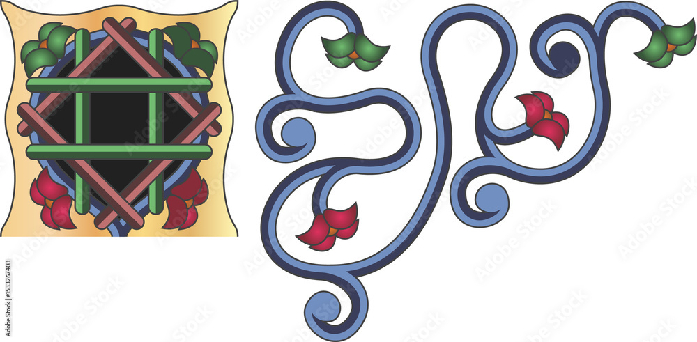 Aufkleber vector motifs are showing on transparent background with lattice and blue tendrils with red buds