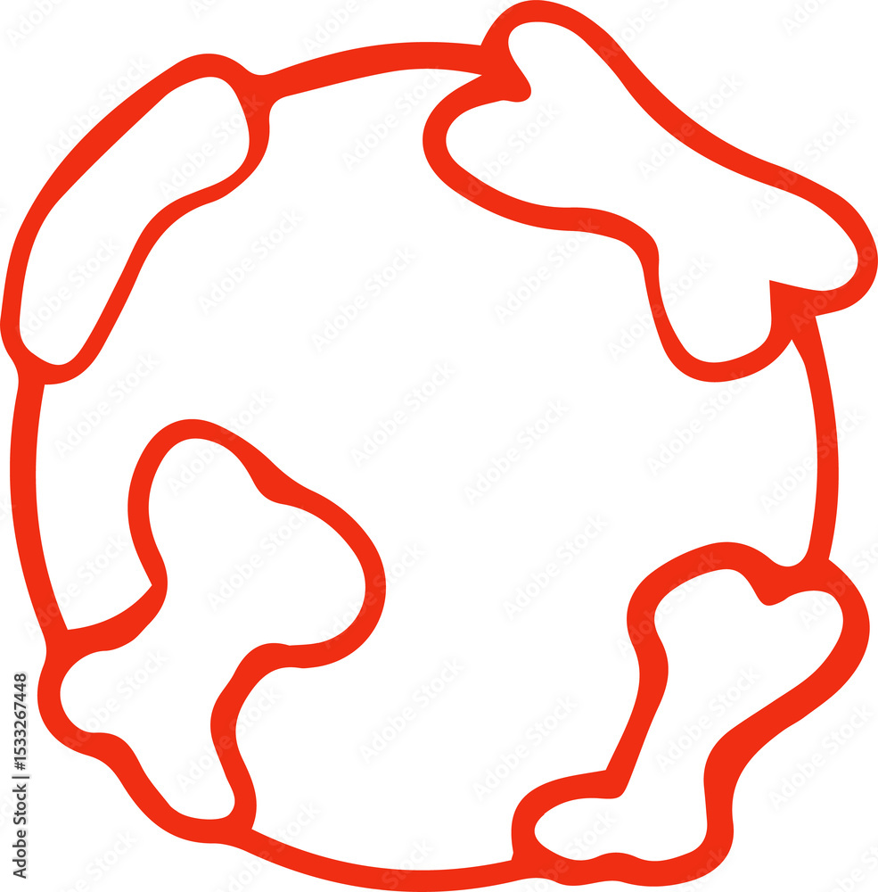 Poster vector graphic is showing red-line globe icon with abstract land shapes on transparent background