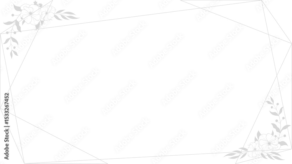 Poster showing white polygonal border with lines and floral clusters on transparent background, copy space