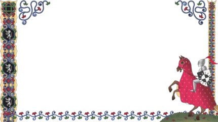 Handdoek met foto Paardrijden Stylized medieval knight on horseback is riding in transparent vector illuminated border with vines  © vectorfusionart