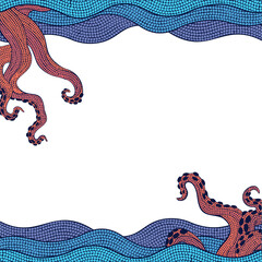Octopus tentacles and mosaic waves are framing flat border with transparent background, copy space