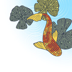 Mosaic-style koi fish is swimming among lily pads on water with ripples and transparent background