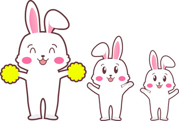 Three cartoon rabbits celebrating on transparent backdrop, big bunny holding yellow pom-poms
