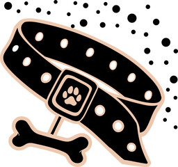 Stylized black dog collar showing paw-print buckle, dangling bone charm and spots on clear backdrop