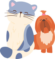 Flat design cartoon cat and dog are sitting side by side on transparent background, copy space