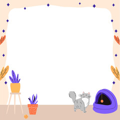 Obraz premium Flat design is featuring grey cat by plants, teal panel on transparent background, copy space