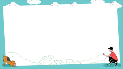 Cartoon showing boy photographing playful dog with smartphone on transparent background, copy space