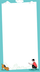 Decorative flat border is featuring owner offering treat to dog, transparent background, copy space