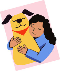 Adult is hugging yellow dog in flat design, showing owner affection on transparent background