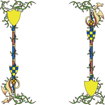 Medieval frame showing pillars entwining vines, shields, ribbons, vector, transparent background