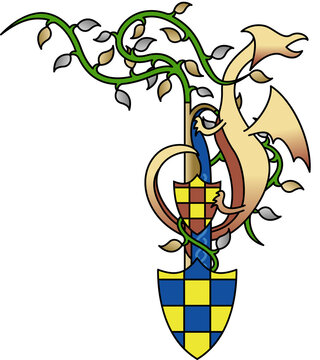 Heraldic dragon is coiling around staff gripping shields entwining vine on transparent background