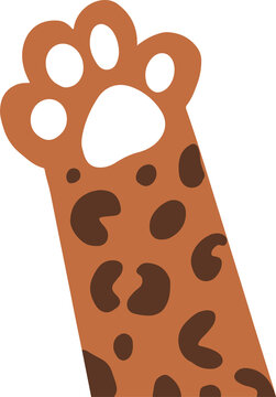 Fototapeta Stylized cartoon feline paw is being shown with spotted fur and white pad on transparent background