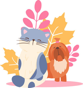 Fototapeta Cartoon cat with dog are sitting on pink oval mat among golden leaves on transparent background