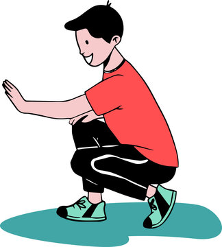 Fototapeta Male is crouching in flat style wearing red shirt, teal sneakers on transparent canvas, copy space